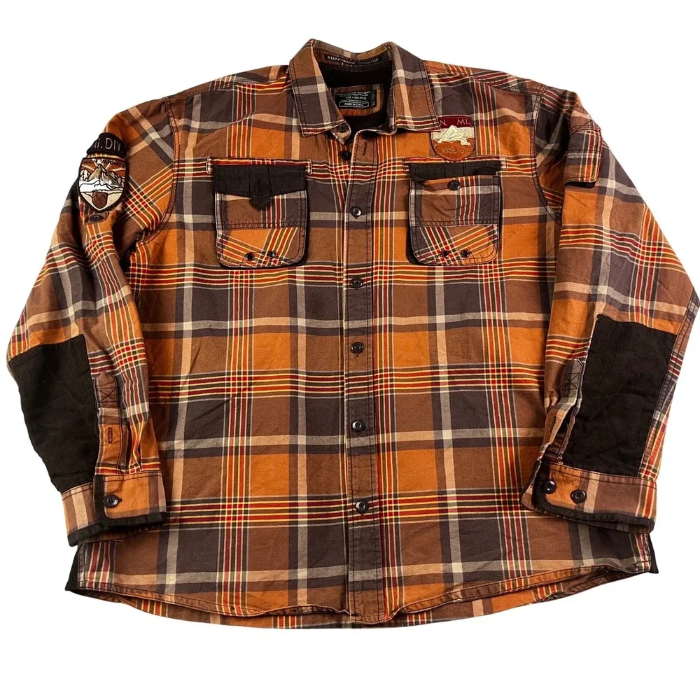 Parish Nation Mens 3XL Plaid Flannel Button Down Shirt Mountain‎ Patches Brown